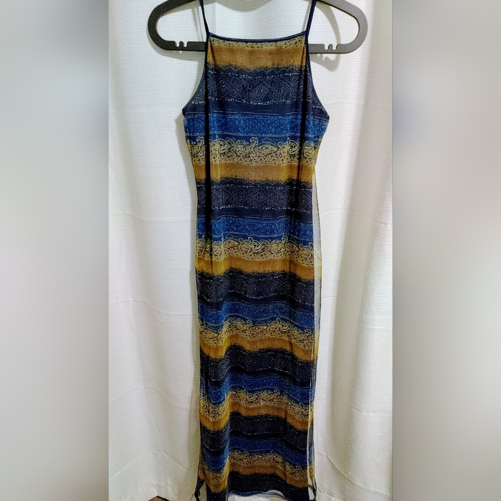 (4/$20) Emblem Blue and Gold Sleeveless Spaghetti Strap Maxi Dress